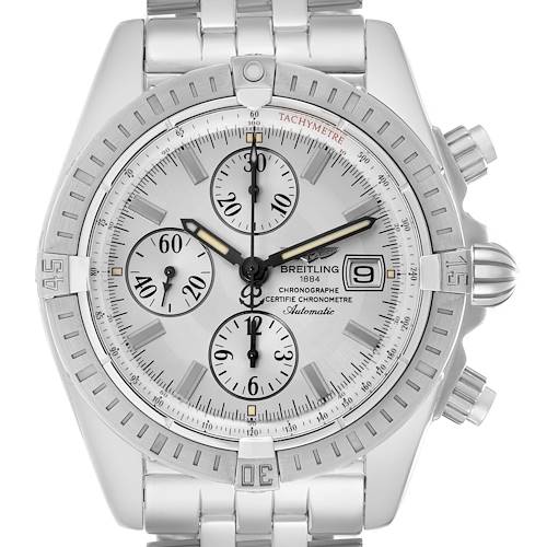 The Breitling Chronomat A13356 Men's Stainless Steel Silver Dial watch is shown from the front, highlighting the dial, subdials, bezel, and bracelet.