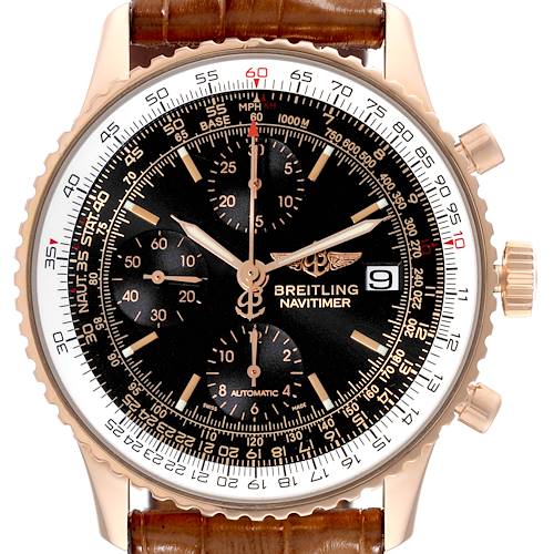 This image shows a close-up, front view of the face of a Breitling Navitimer R13323 Men's Rose Gold Black Dial R13323 Men's Rose Gold Black Dial Limited Series watch.