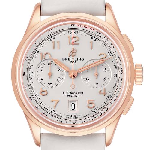 The Breitling Premier RB0145371G1R1 Men's Rose Gold White Dial watch is shown from a front angle, displaying the dial, chronograph subdials, tachymeter scale, and date window.