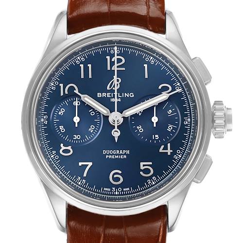 The Breitling Premier AB1510 Men's Stainless Steel Blue Dial model watch is shown from the front, highlighting its blue dial, sub-dials, and brown leather strap.