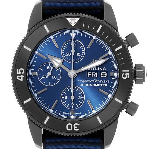 The image shows a front view of the Breitling Superocean M13313 Men's Stainless Steel Blue Dial M13313 Men's Stainless Steel Blue Dial watch, featuring its bezel, dial, subdials, and crown.