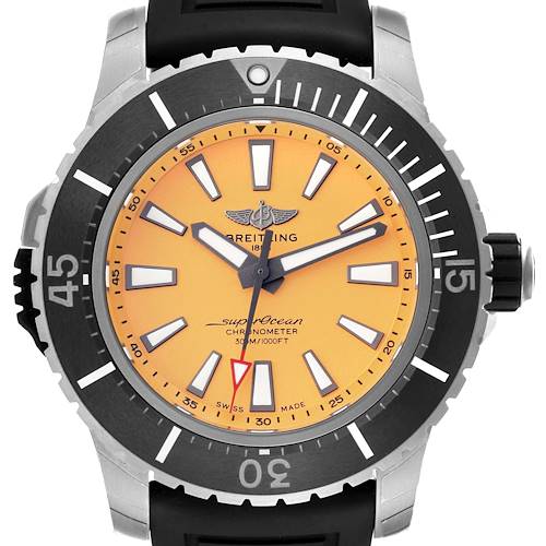 The image shows a front view of a Breitling Superocean E17369241I1S1 Men's Titanium Yellow Dial E17369241I1S1 Men's Titanium Yellow Dial watch, highlighting its orange dial, bezel, hands, and strap.
