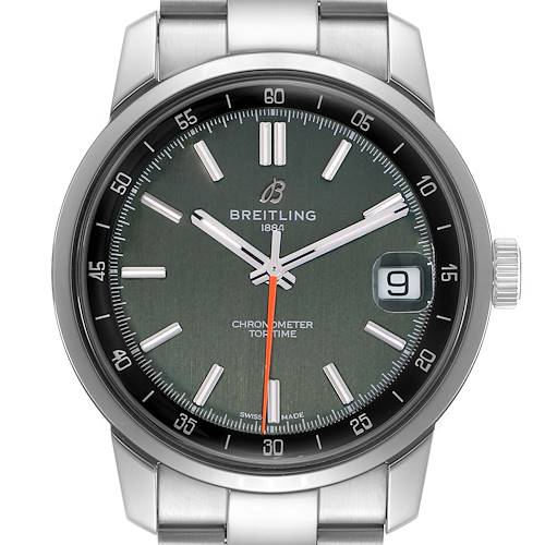 The Breitling Premier AB3113 Men's Stainless Steel Green Dial watch is shown from the front, highlighting the dial, hands, date display, and part of the bracelet.