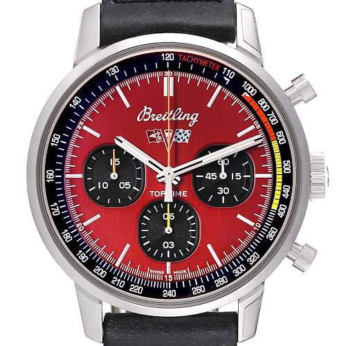 The Breitling Premier A25310241K1X1 Men's Stainless Steel Red Dial A25310241K1X1 Men's Stainless Steel Red Dial model watch is shown from the front, highlighting its red dial, three subdials, tachymeter, and black leather strap.
