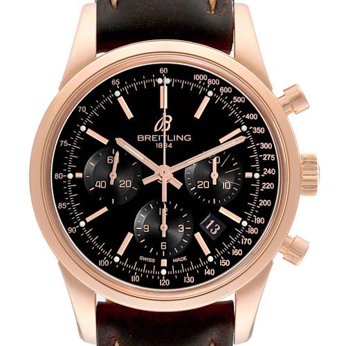 The Breitling Transocean RB0152 Men's Rose Gold Black Dial RB0152 Men's Rose Gold Black Dial watch is shown from a frontal angle, displaying its dial, sub-dials, crown, and pushers.