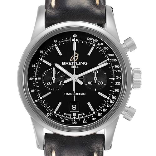 The Breitling Transocean A41310 Men's Stainless Steel Black Dial watch is shown from the front, featuring its black dial, subdials, and a leather strap.