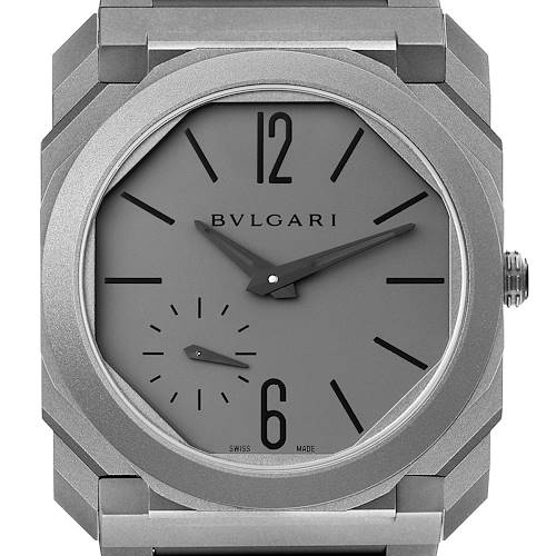 The image shows a front view of a Bvlgari Octo 102713 Men's Titanium Grey Dial 102713 Men's Titanium Grey Dial watch, highlighting its dial, hands, case, and crown.