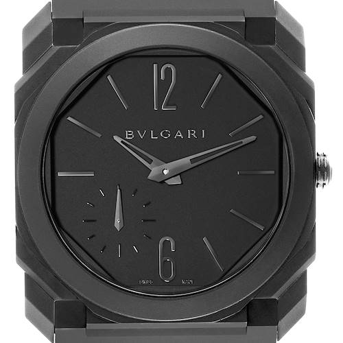 The image shows a front view of the Bvlgari Octo 103077 Men's Ceramic Black Dial 103077 Men's Ceramic Black Dial watch, highlighting its face, hands, and crown.