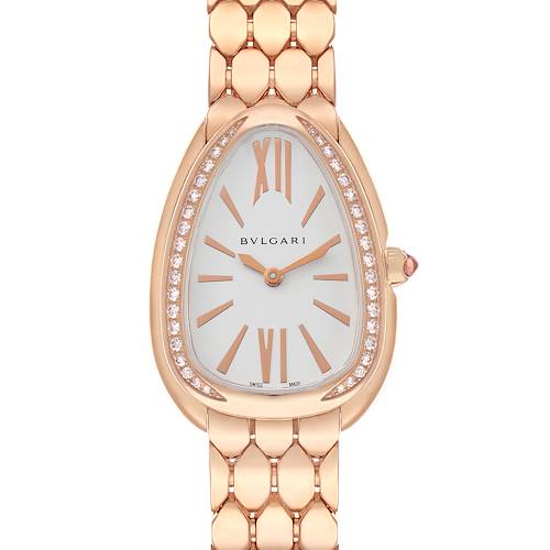 The watch is shown from a front view, displaying the rose gold case, diamond bezel, dial, and bracelet of the Bvlgari 103145 Women's Rose Gold Silver Dial Serpenti Seduttori 103145.
