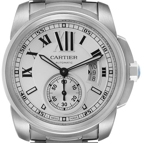 This Calibre de Cartier watch is shown from a front angle, highlighting the dial, hands, and date window.