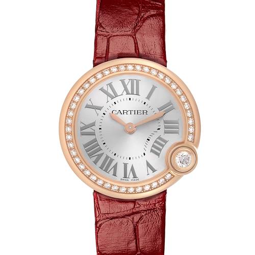 The Cartier Ballon Blanc WJBL0005 Women's Rose Gold Silver Dial watch is shown from the front, highlighting its round face, embellished bezel, and diamond at 4 o'clock.