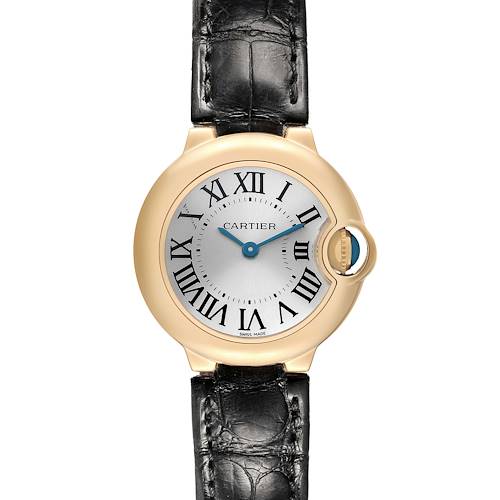 The image shows a frontal view of a Cartier Ballon Bleu W6900156 Women's Yellow Gold Silver Dial watch, highlighting its round face, Roman numerals, and leather strap.