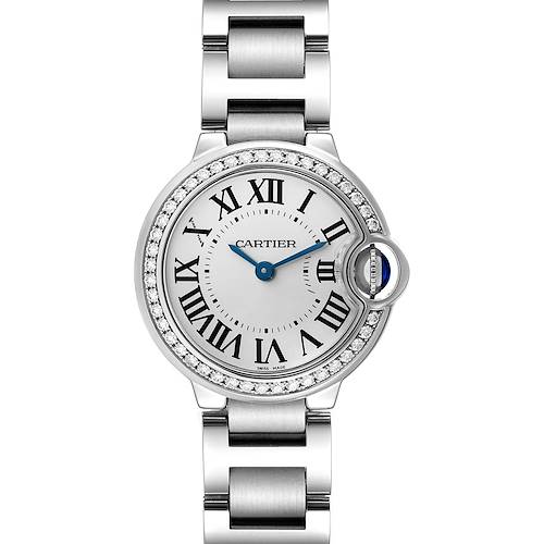 The Cartier Ballon Bleu W4BB0015 Women's Stainless Steel Silver Dial W4BB0015 Women's Stainless Steel Silver Dial watch is shown from the front, highlighting the face, Roman numerals, and bracelet.