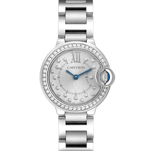 The Cartier Ballon Bleu W4BB0034 Women's Stainless Steel Silver Dial watch is shown from a top-down angle, displaying its circular face, diamond bezel, blue hands, and metal bracelet.
