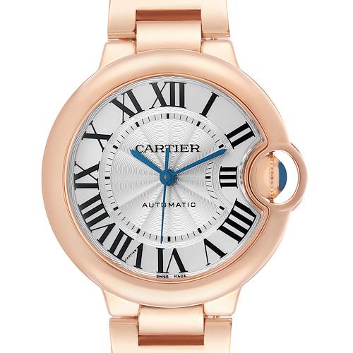 The Cartier Ballon Bleu W6920096 Women's Rose Gold Silver Dial watch is shown from the front, highlighting its dial, Roman numerals, and crown with a blue cabochon.