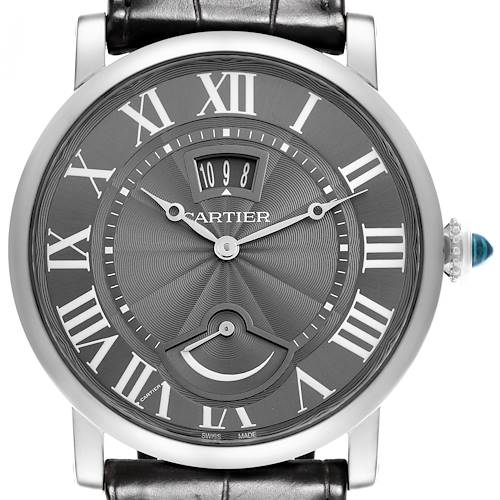 The Cartier Rotonde W1556253 Men's White Gold Grey Dial W1556253 Men's White Gold Grey Dial watch is shown from a front angle, displaying its face, Roman numerals, hands, and crown details.