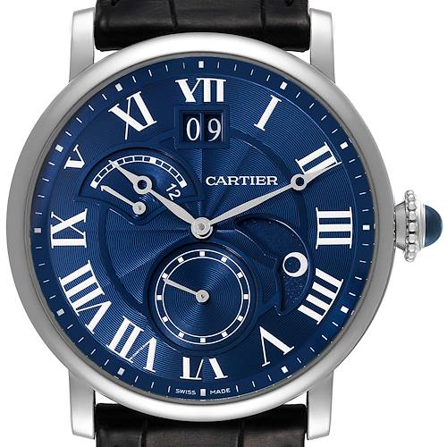 This image shows a front view of the Rotonde de Cartier watch, displaying its blue dial, Roman numerals, and various subdials.