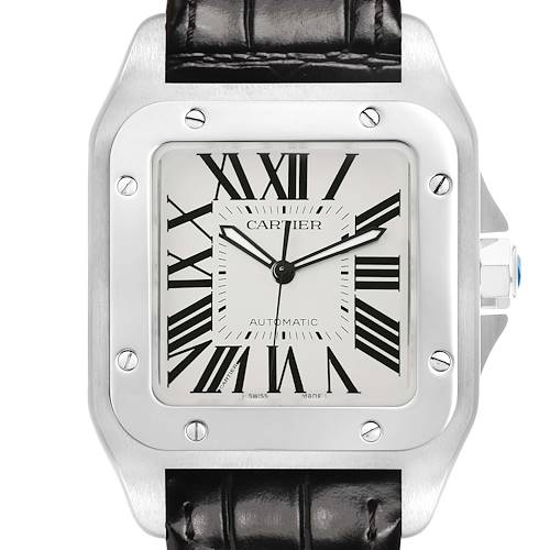 The Cartier Santos W20073X8 Men's Stainless Steel Silver Dial watch is shown from a front angle, highlighting its face, bezel, crown, and leather strap.