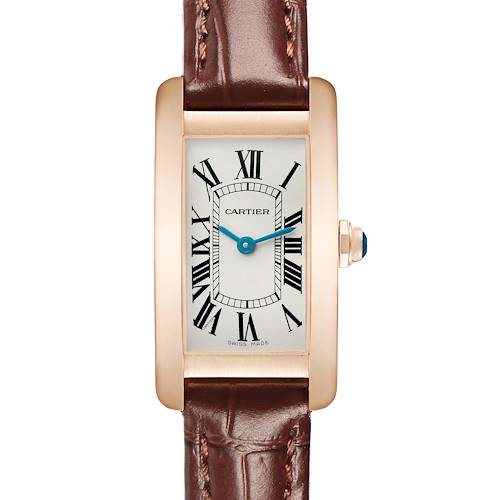 The Cartier Tank Americaine W2607456 Women's Rose Gold Silver Dial watch is shown front-on, featuring its rectangular face, Roman numerals, and leather strap.