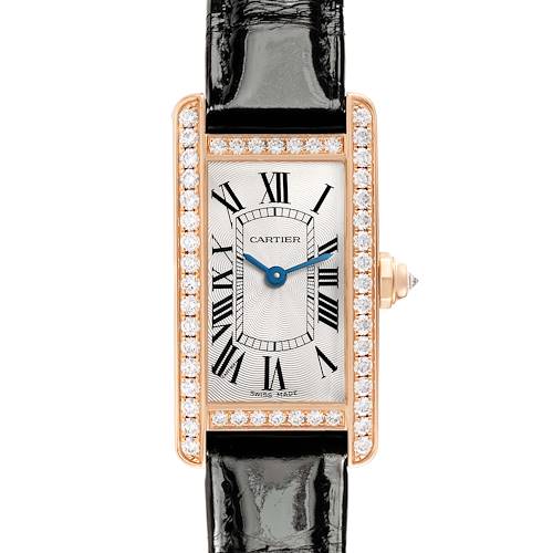 The Cartier Tank Americaine WJTA0002 Women's Rose Gold Silver Dial is shown from the front, highlighting its rectangular face, Roman numerals, and diamond-set bezel.