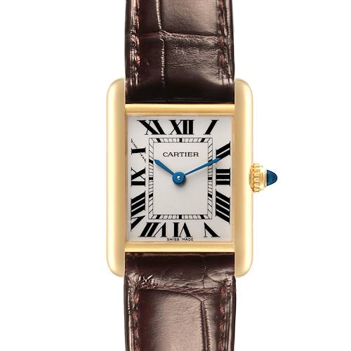 The Cartier Tank Louis W1529856 Women's Yellow Gold Silver Dial W1529856 Women's Yellow Gold Silver Dial watch is shown from a front angle, displaying the dial, brown leather strap, and gold crown with a blue cabochon.