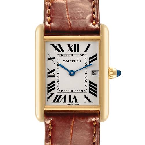 The Cartier Tank Louis W1529756 Men's Yellow Gold Silver Dial W1529756 Men's Yellow Gold Silver Dial watch is shown from a front view, highlighting its rectangular case, Roman numeral dial, and leather strap.