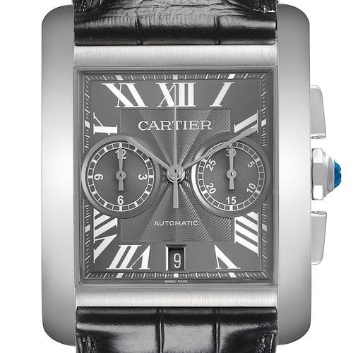 The Cartier Tank MC W5330008 Men's Stainless Steel Grey Dial W5330008 Men's Stainless Steel Grey Dial watch is shown from the front, displaying its face, dial, and part of the strap.
