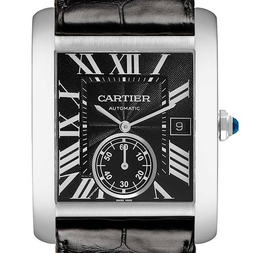 The image shows a frontal view of the Cartier Tank MC W5330004 Men's Stainless Steel Black Dial watch, highlighting its black dial, Roman numerals, and date window.