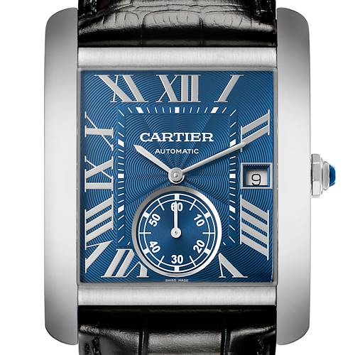 The Cartier Tank MC WSTA0010 Men's Stainless Steel Blue Dial watch is shown from a front angle, highlighting its blue dial, Roman numerals, subdial, and date window.