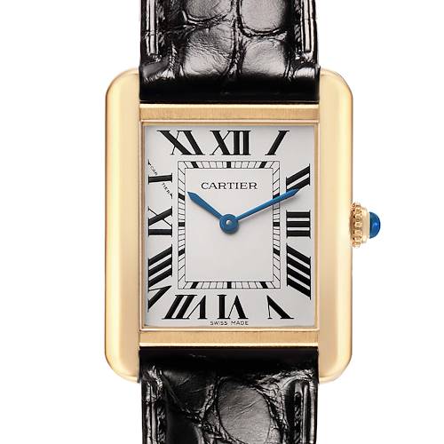 The Cartier Tank Solo W5200002 Women's Steel and Gold (two tone) Silver Dial watch is shown front-facing, displaying its rectangular face, Roman numerals, and leather strap.