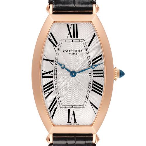 The Cartier Tonneau W1546251 Men's Rose Gold Silver Dial W1546251 Men's Rose Gold Silver Dial watch is shown from a front angle, highlighting its face, Roman numerals, and leather strap.