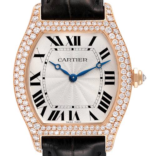 The image shows a close-up, front view of a Cartier Tortue WA503751 Women's Rose Gold Silver Dial WA503751 Women's Rose Gold Silver Dial watch with a diamond-encrusted bezel and black leather strap.