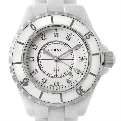 The image shows a front view of the Chanel H2422 Women's Stainless Steel White Dial H2422 Women's Stainless Steel White Dial J12 White Ceramic Diamonds Quartz Ladies Watch model H2422, including the face, bezel, and part of the strap.