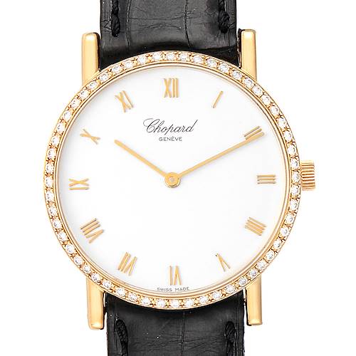 This image shows a front view of a Chopard Happy Diamond 17/3154 Men's Yellow Gold White Dial 17/3154 Men's Yellow Gold White Dial model watch, featuring a gold case, diamond bezel, and black leather strap.