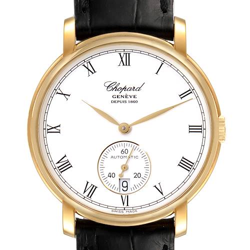 The image shows a front view of the Classique model by Chopard, featuring a white dial, Roman numerals, and a sub-dial.