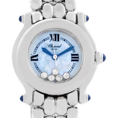 The image shows a close-up of the Chopard 27/8250-23 Women's Stainless Steel Mother of Pearl Dial 27/8250-23 Women's Stainless Steel Mother of Pearl Dial Happy Sport Bleu Dial 5 Floating Diamonds Watch 27/8250-23 model, highlighting the dial and part of the bracelet.