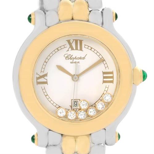 This image shows a front view of the Chopard 27/8276-22 Women's Steel and Gold (two tone) White Dial 27/8276-22 Women's Steel and Gold (two tone) White Dial Happy Sport Floating Diamond Gold and Steel Watch model 27/8276-22.