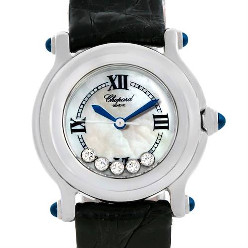 The image shows a front view of the Chopard 27/8245-23 Women's Stainless Steel Mother of Pearl Dial 27/8245-23 Women's Stainless Steel Mother of Pearl Dial Happy Sport Mother of Pearl Dial Diamond Watch 27/8245-23, highlighting the dial and case.