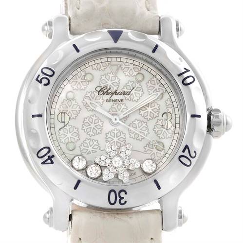 The image shows a front view of a Chopard 278949-3001 Women's Stainless Steel White Dial 278949-3001 Women's Stainless Steel White Dial Happy Sport Snowflake Floating Diamond Watch 278949-3001, highlighting its dial and bezel.