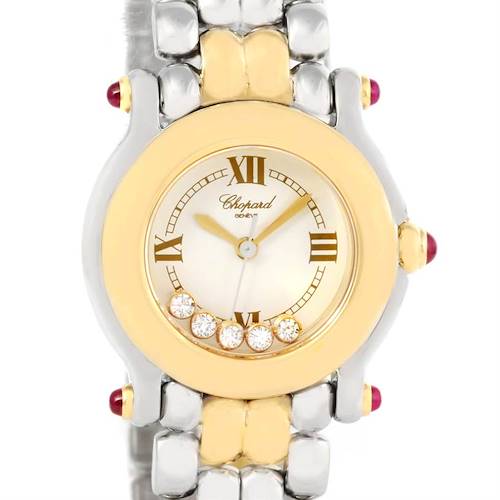 The image shows a front view of the Chopard 27/8278 Women's Steel and Gold (two tone) White Dial 27/8278 Women's Steel and Gold (two tone) White Dial Happy Sport Steel Yellow Gold Floating Diamonds Watch 27/8278, displaying the dial and part of the bracelet.