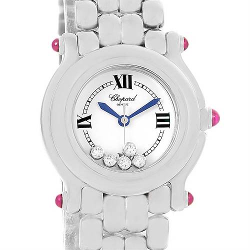 The image shows a front view of a Chopard 27/8250-21 Women's Stainless Steel White Dial 27/8250-21 Women's Stainless Steel White Dial Happy Sport White Dial 5 Floating Diamonds Watch (model 27/8250-21).