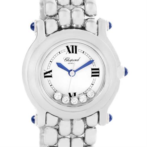 This image shows a front view of the Chopard 27/8250-23 Women's Stainless Steel White Dial 27/8250-23 Women's Stainless Steel White Dial Happy Sport 27/8250-23 watch, highlighting the dial with 5 floating diamonds and blue hands.