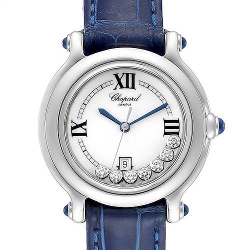 The image shows a front view of the Chopard 8236 Women's Stainless Steel White Dial 8236 Women's Stainless Steel White Dial Happy Sport White Dial 7 Floating Diamond Watch 8236, highlighting the dial, floating diamonds, and strap.