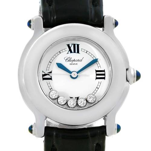 The image shows a front view of the Chopard 27/8245-23 Women's Stainless Steel White Dial 27/8245-23 Women's Stainless Steel White Dial Happy Sport White Dial Floating Diamond Watch 27/8245-23 model and part of its black strap.