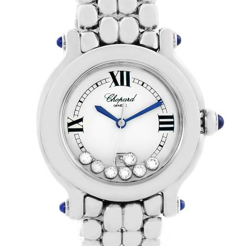 This image shows a front view of the Chopard 278236-3005 Women's Stainless Steel White Dial 278236-3005 Women's Stainless Steel White Dial Happy Sport White Dial Floating Diamond Watch 278236-3005, displaying the dial and part of the bracelet.