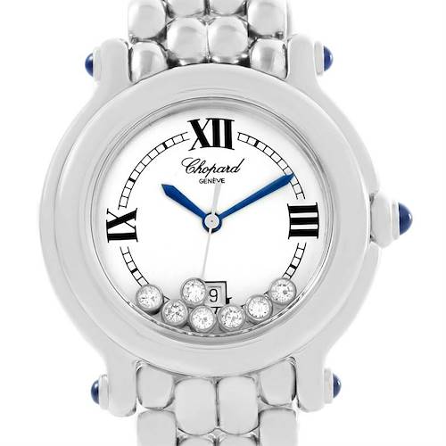 This image shows a close-up of the dial and case of the Chopard 278236-3005 Women's Stainless Steel White Dial 278236-3005 Women's Stainless Steel White Dial Happy Sport White Dial Floating Diamond Watch, model 278236-3005.