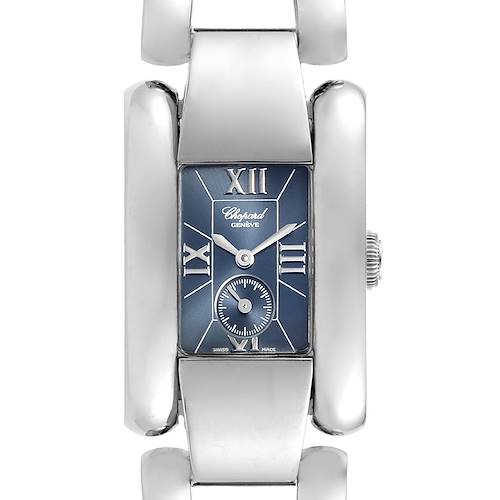 This image shows a front view of the Chopard 41-8380 Women's Stainless Steel Blue Dial 41-8380 Women's Stainless Steel Blue Dial La Strada Stainless Steel Women's Watch model 41-8380, detailing its rectangular face and metal bracelet.
