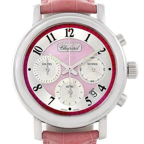 This image shows a frontal view of the Chopard Mille Miglia 8331 Men's Stainless Steel Pink Dial 8331 Men's Stainless Steel Pink Dial watch, displaying its dial, hands, sub-dials, and crown.