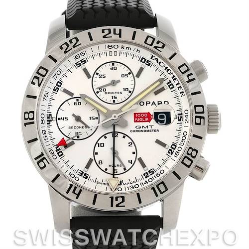 This is a front view of the Chopard Mille Miglia 168992-3003 Men's Stainless Steel White Dial 168992-3003 Men's Stainless Steel White Dial watch, showcasing its dial, hands, sub-dials, tachymeter, and date window.