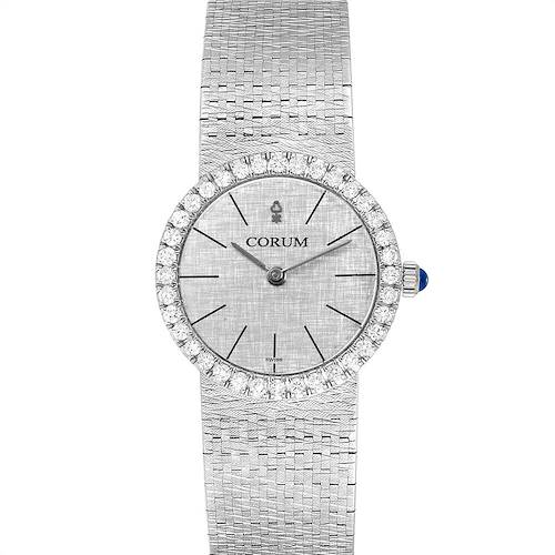 The image shows a front view of the Corum 80358 Women's White Gold Silver Dial 80358 Women's White Gold Silver Dial 18K White Gold Diamond Vintage Cocktail Ladies Watch with a detailed face and bracelet.